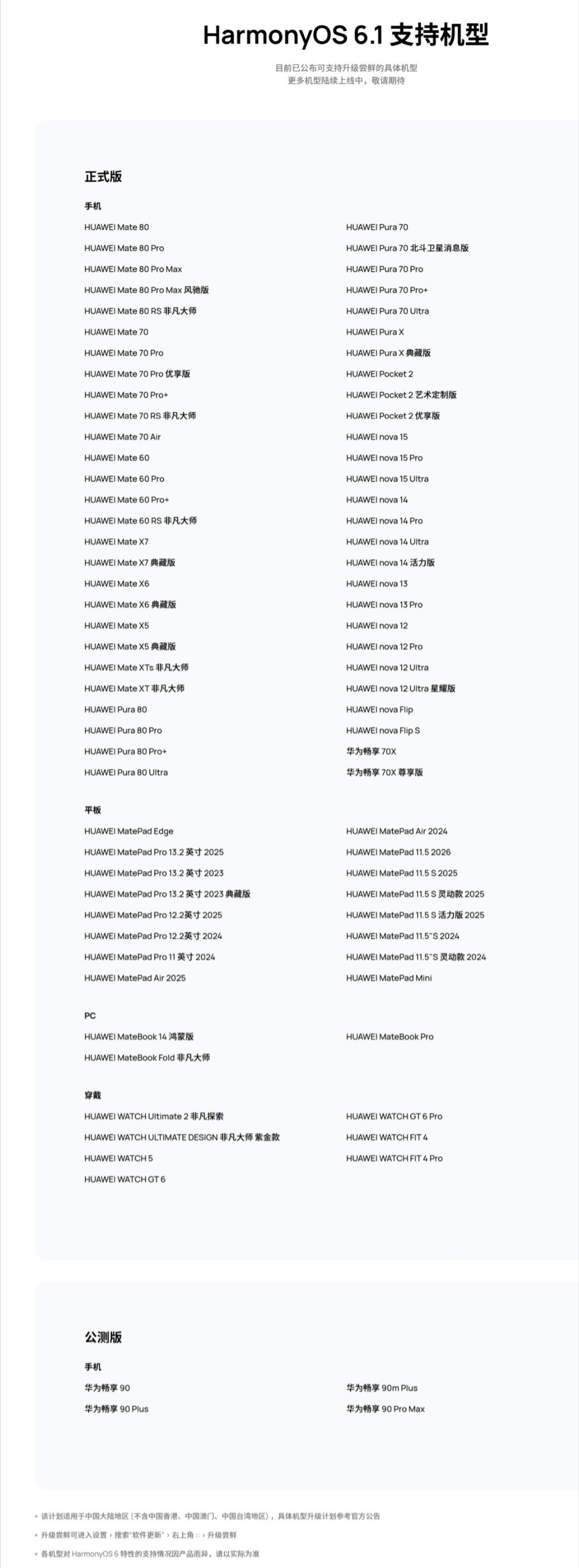 【华为鸿蒙HarmonyOS6.1最新支持机型公布，MateBookPr