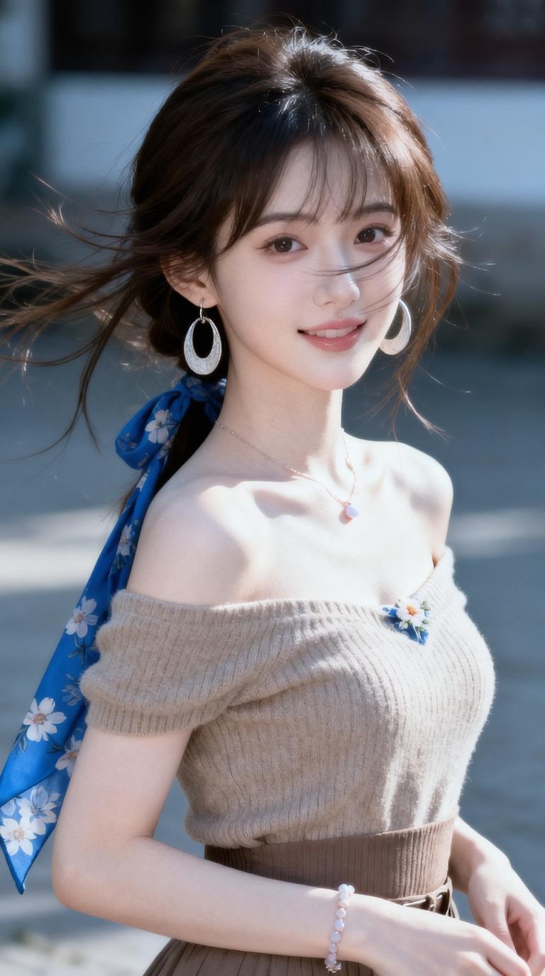 温柔甜美的少女，蓝花丝巾飘逸，微笑动人。