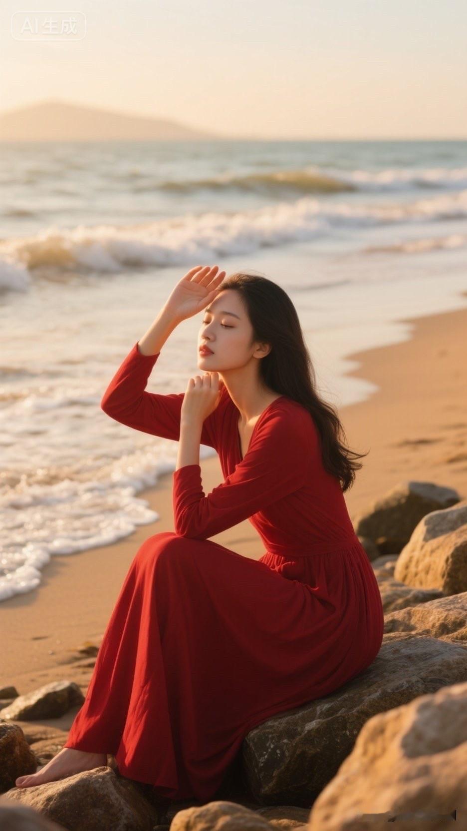 海边红裙少女，微风拂面，享受宁静时光。