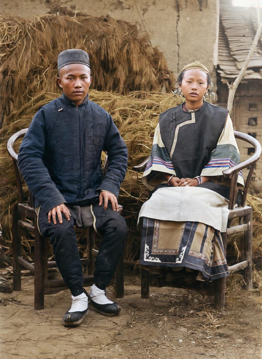 清末，一对汉族平民夫妻的摆拍肖像照。左侧男性大概20-30岁，应该是小手工业者