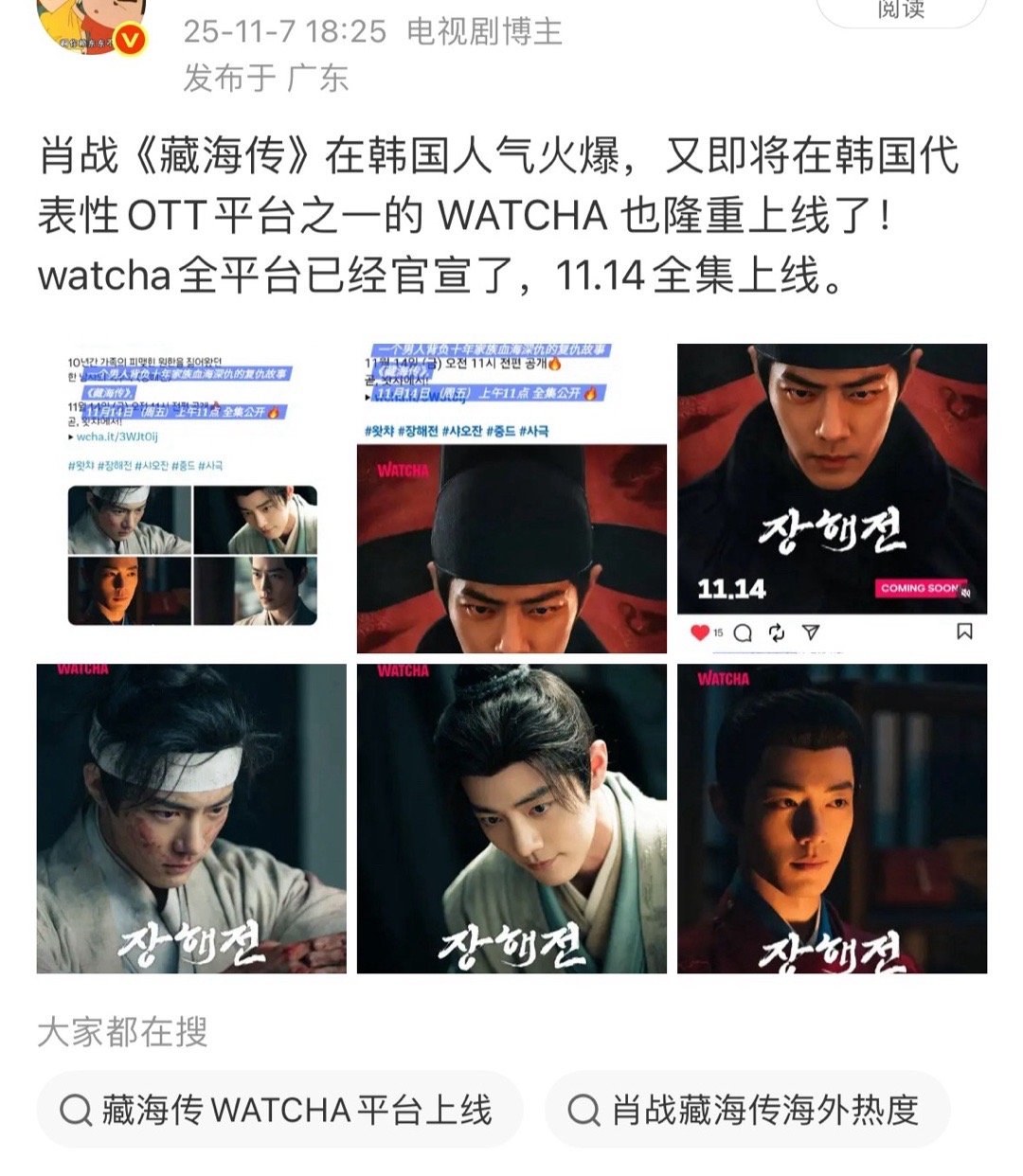 肖战藏海传在🇰🇷Watcha上映以来再次取得亮眼成绩，它一直在OTT单日综合