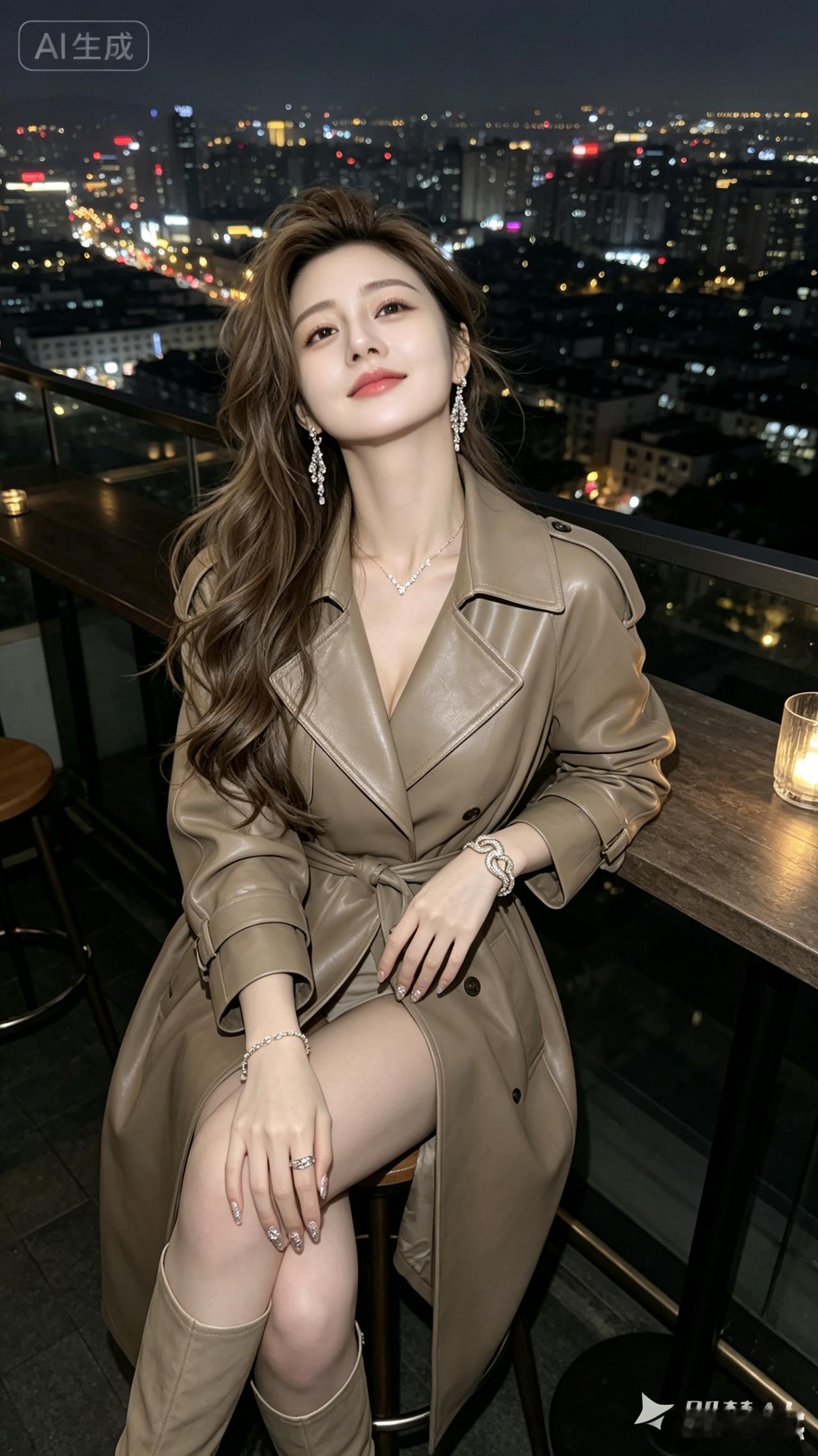 都市夜景中，优雅女子坐享夜生活。