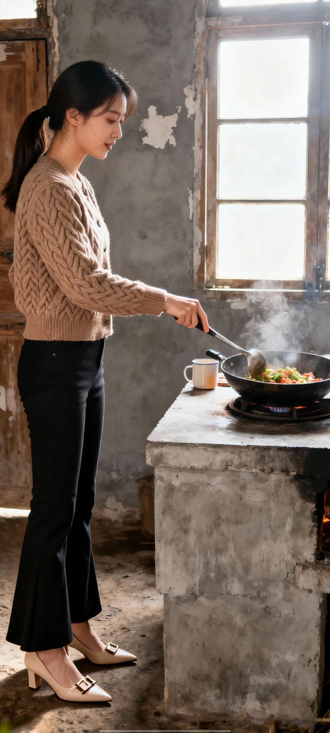 乡村土灶厨房场景，年轻女性侧身烹饪（手持锅铲翻炒锅中食材）：留着低马尾，身穿浅棕