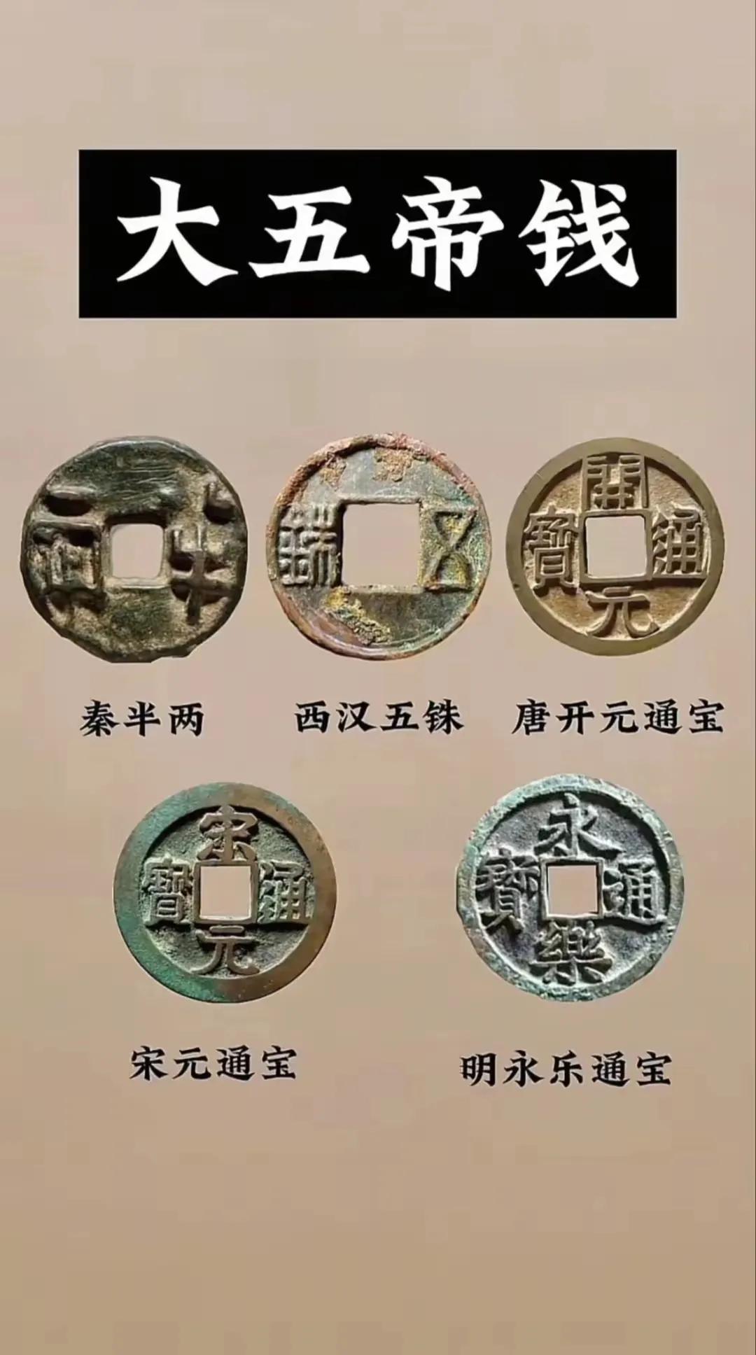 一图了解五帝币:①秦半两②西汉五铢③唐开元通宝④宋元通宝⑤明永乐通宝