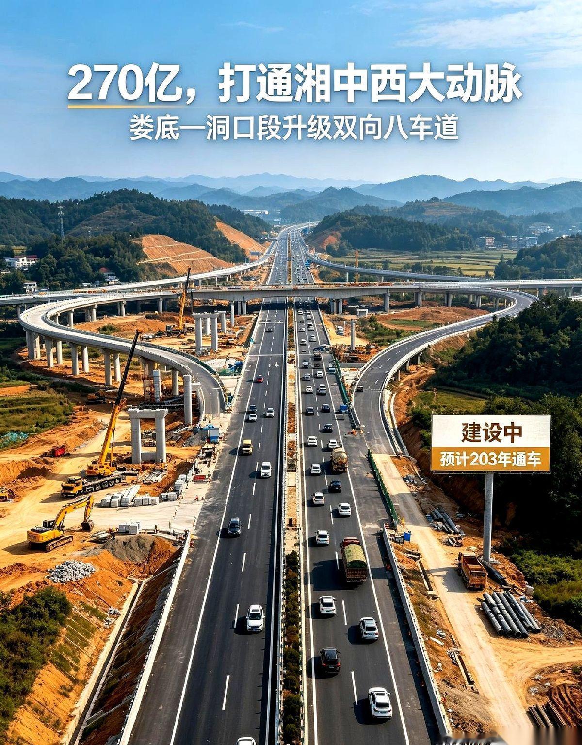 湖南动用270亿资金，把168公里的沪昆高速娄底到洞口段从双向四车道扩宽成八车道
