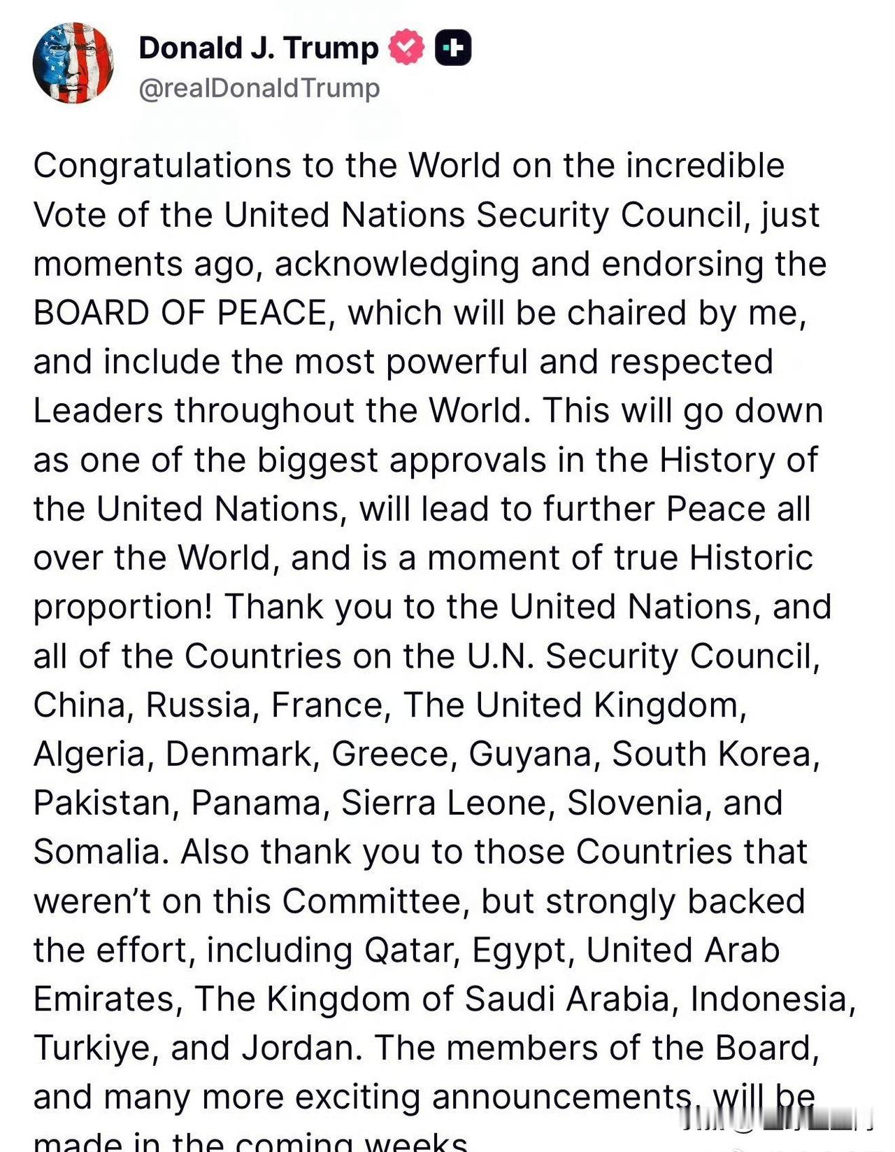 联合国安理会成立和平委员会，川普总统刚刚发文：“祝贺全世界！就在刚刚，联合国