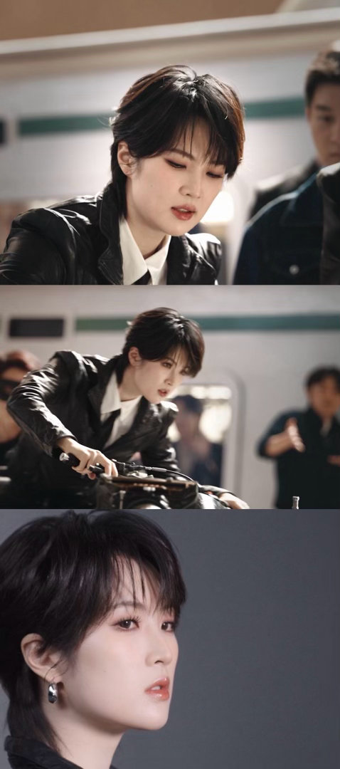 姚安娜黑色皮衣机车造型姚安娜片场太有反差感了姚安娜皮衣机车造型帅出新高度！黑色