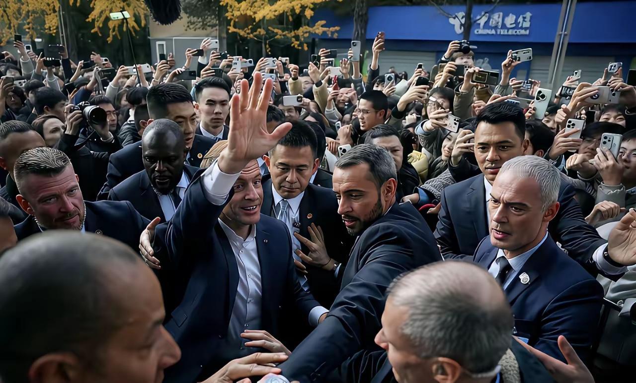 谁能懂，马克龙的欢喜！在大学的校园里面，他快乐的像个少年，入场的方式也独特，直