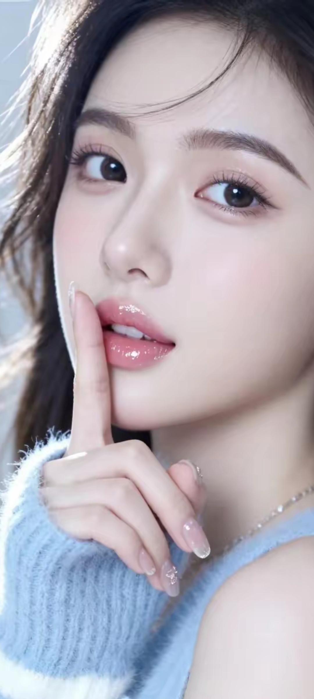 温柔甜美的少女，指尖轻触唇边，散发迷人魅力。