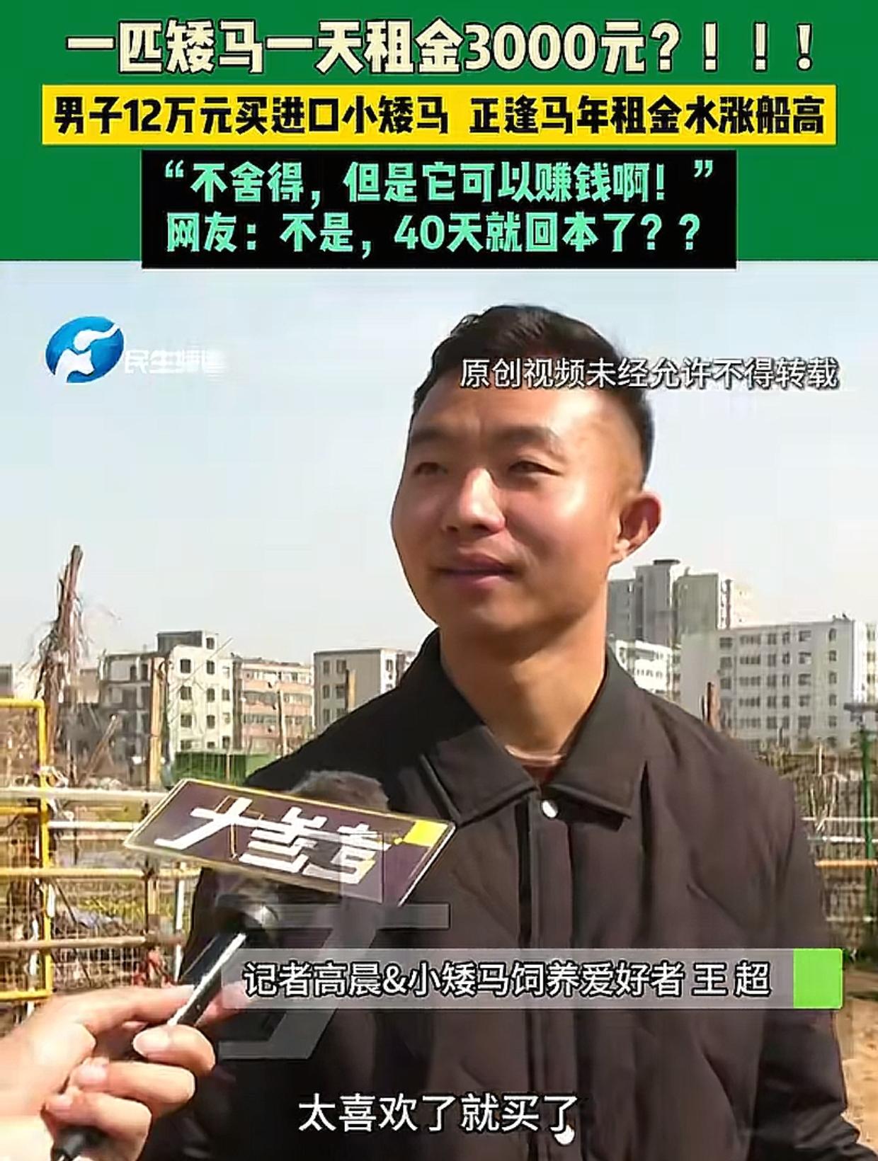 河南郑州，男子花12万买了一匹小矮马，趁过年租给一家游乐场，租金3000元。记者