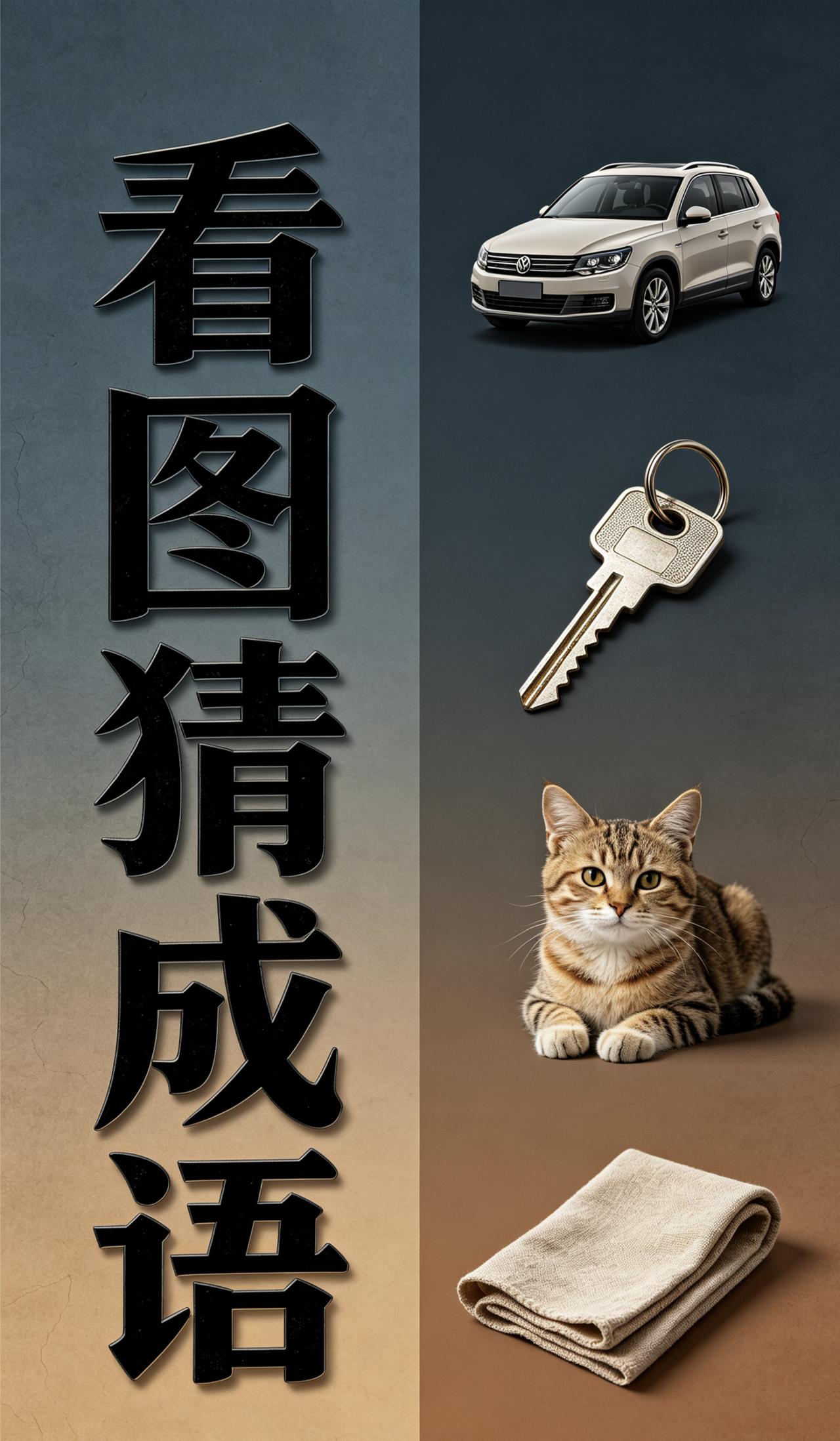 成语分享打卡汽车钥匙猫咪毛巾猜成语，谐音谜题，看看你能不能答对
