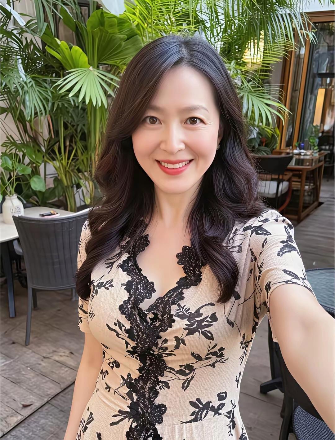 姐姐的气质宛如春日暖阳，亲和力拉满。大波浪长发自然垂落，尽显柔美风姿。黑棕花纹连