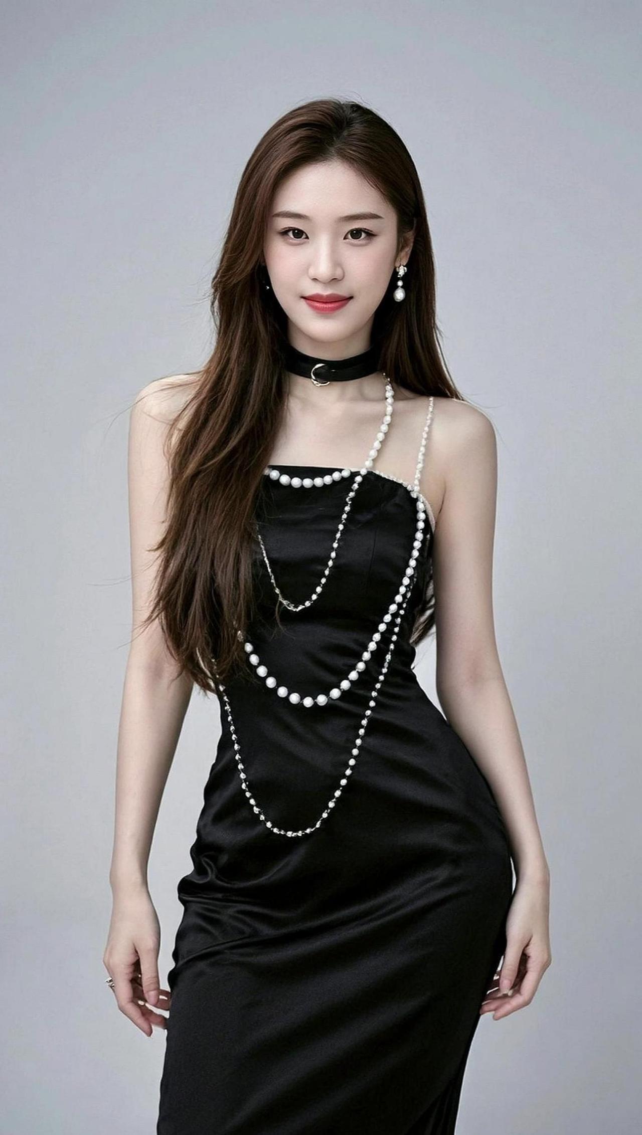 黑色长裙与珍珠项链的碰撞，优雅中带着一丝俏皮。这身搭配仿佛在说：“我既可以是晚宴