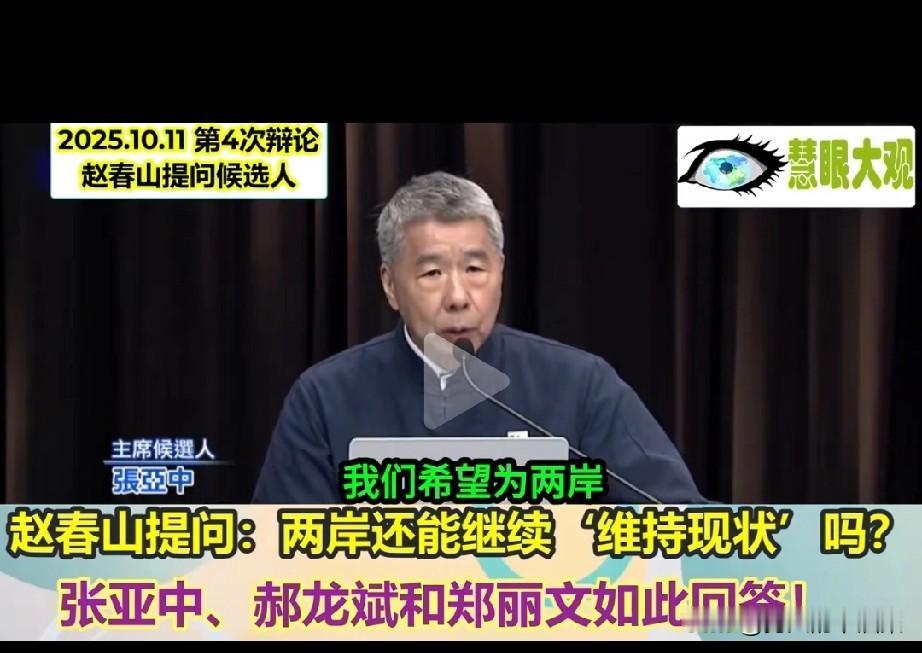还是要给张亚中的这段话点赞的。在回答赵春山的问题，“两岸关系还能维持现状吗”