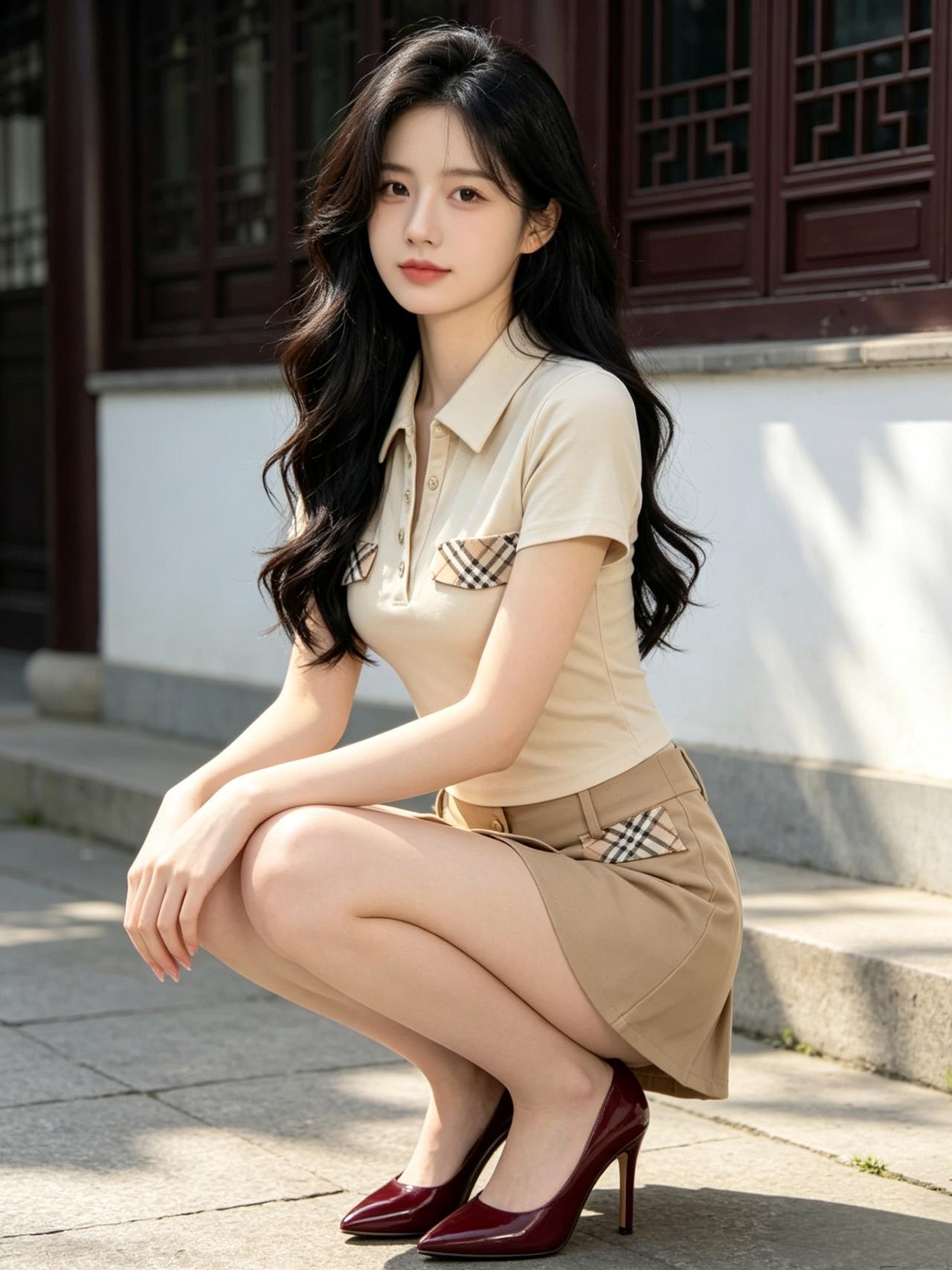 女生怎么穿搭会看上去很优雅阳光下的格纹小套装太甜啦，搭配红漆皮高跟鞋，俏皮又显瘦