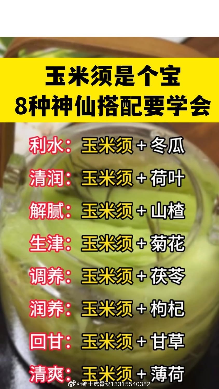 ✅玉米须8组搭配功效+标准饮用分量：⤵️⤵️⤵️通用基础用量（日常代茶饮，一人份