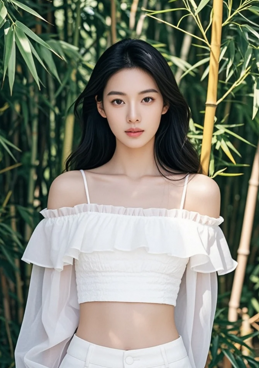 她倚竹而立，仿佛从水墨画中走出的旧时人。