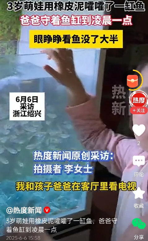 这打挨的一点都不冤三岁萌娃静悄悄，果然在作妖！小家伙把橡皮泥全丢进爸爸的鱼缸