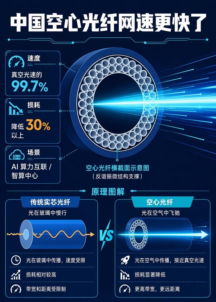 咱们平时上网用的光纤，里面核心是实心玻璃。这次上新的空心光纤，简单说就是光纤中间