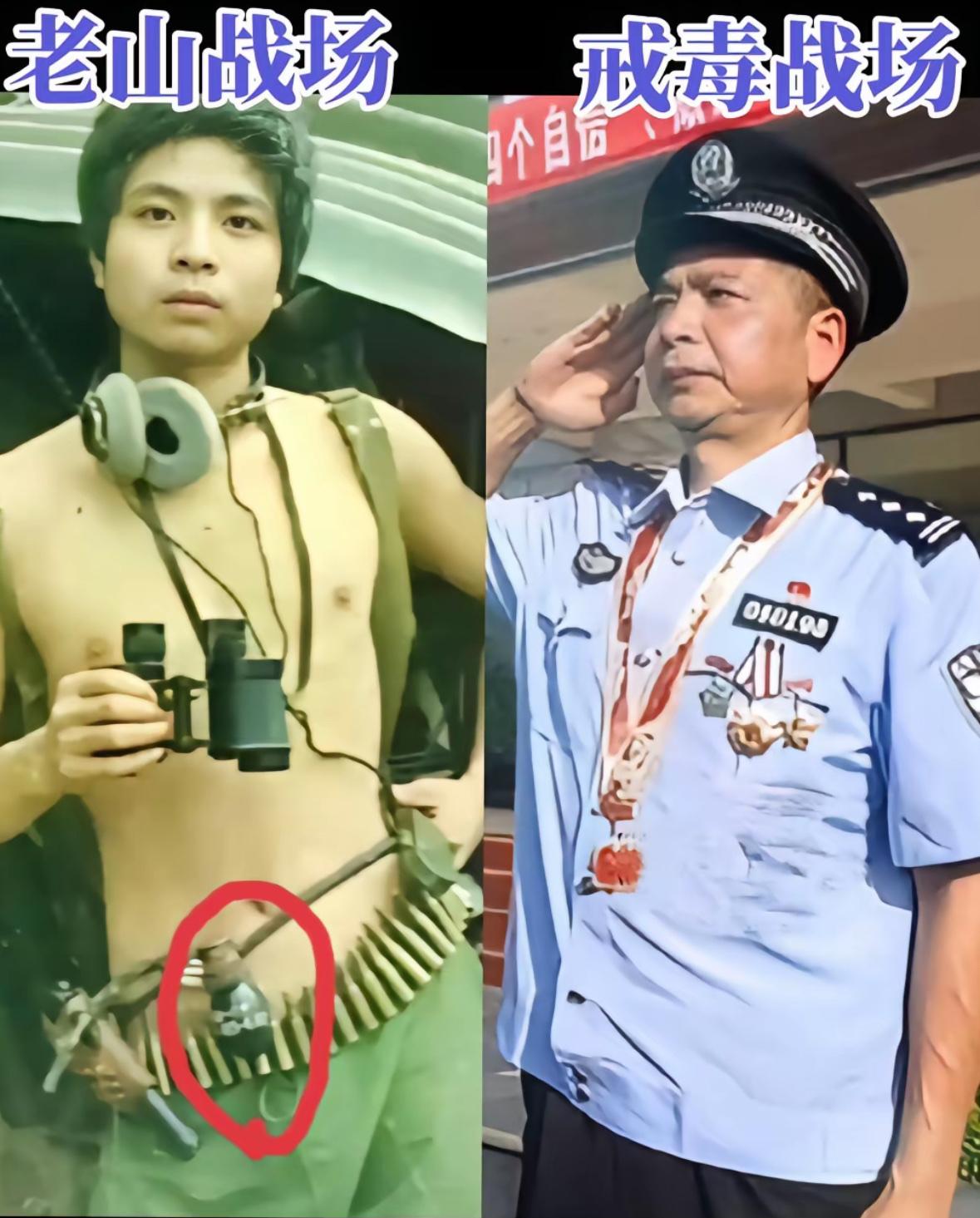 “老山英雄”雷泽斌，他光着膀子，坚韧充满胜利的眼神，别人腰缠万贯，他腰缠万弹，光