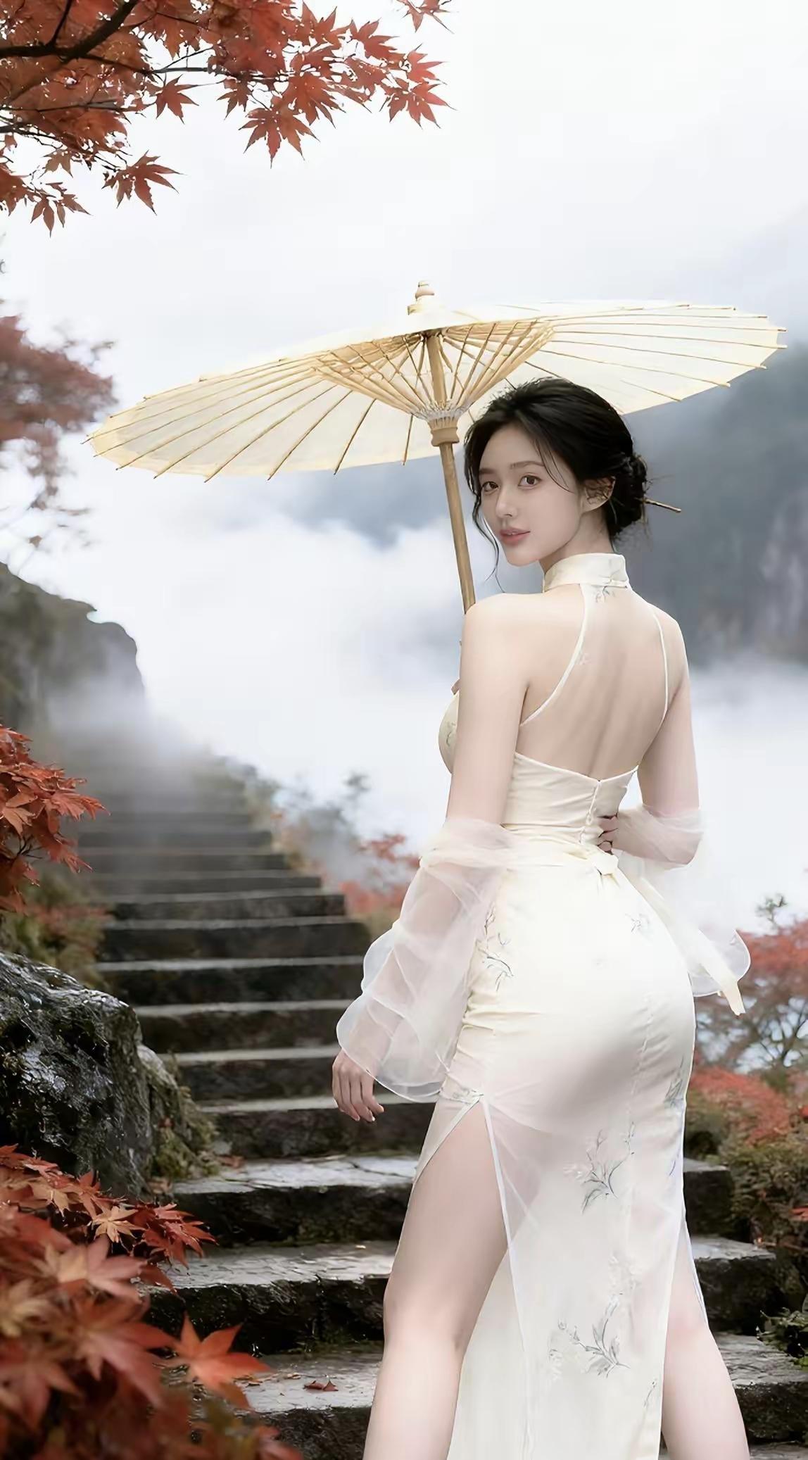 秋日仙境中的优雅女子，手持油纸伞，漫步在红叶与云雾间。