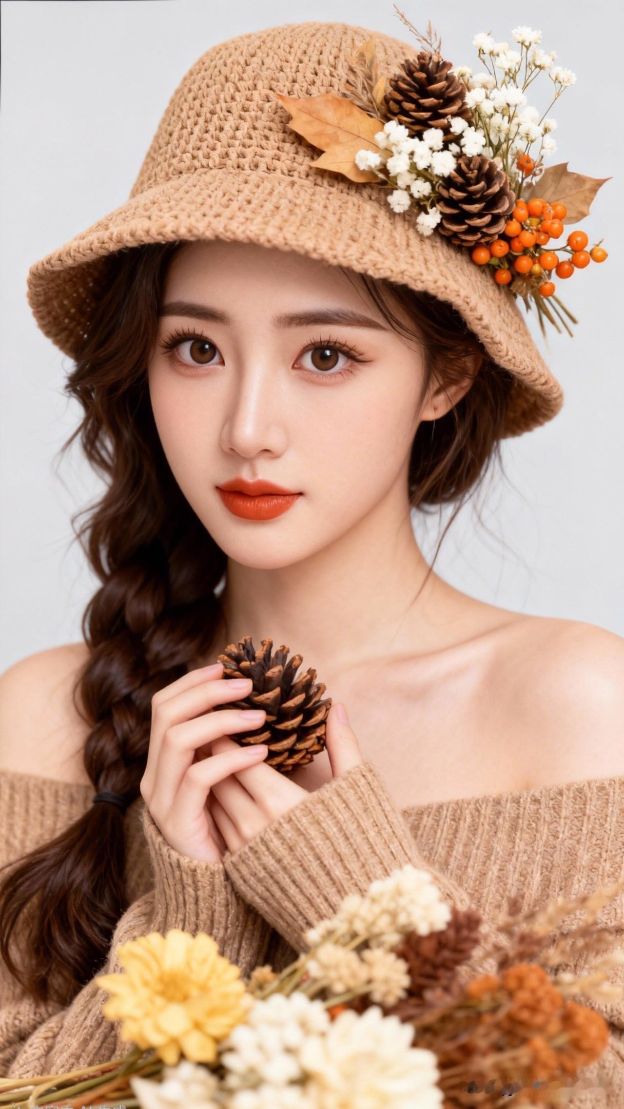 秋意渐浓时，花枝俏美人。你喜欢哪一种气质的美人?秋日暖阳下的甜美少女，帽子和毛