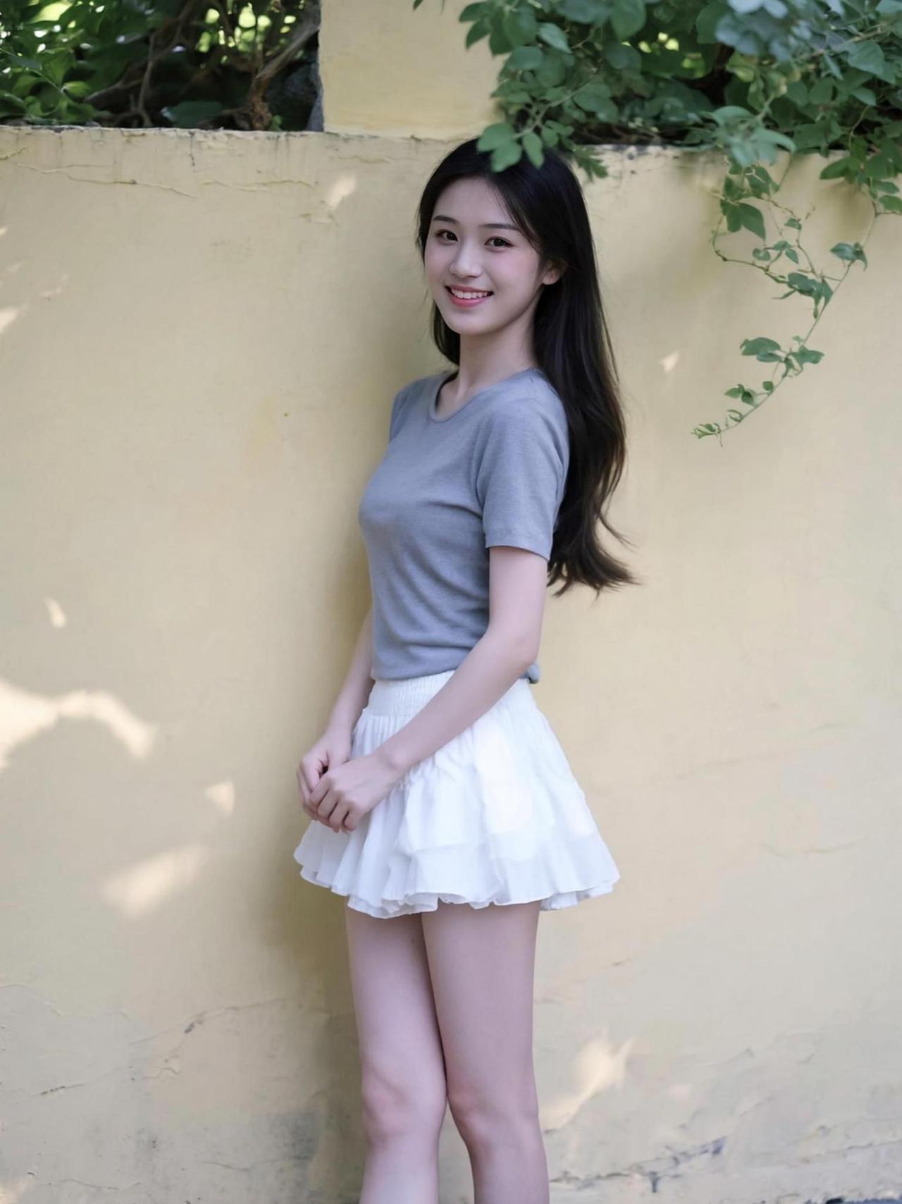 阳光洒在墙边，像一层薄纱轻轻覆盖着她的发梢，微风拂过裙摆，仿佛时间也慢了下来。这