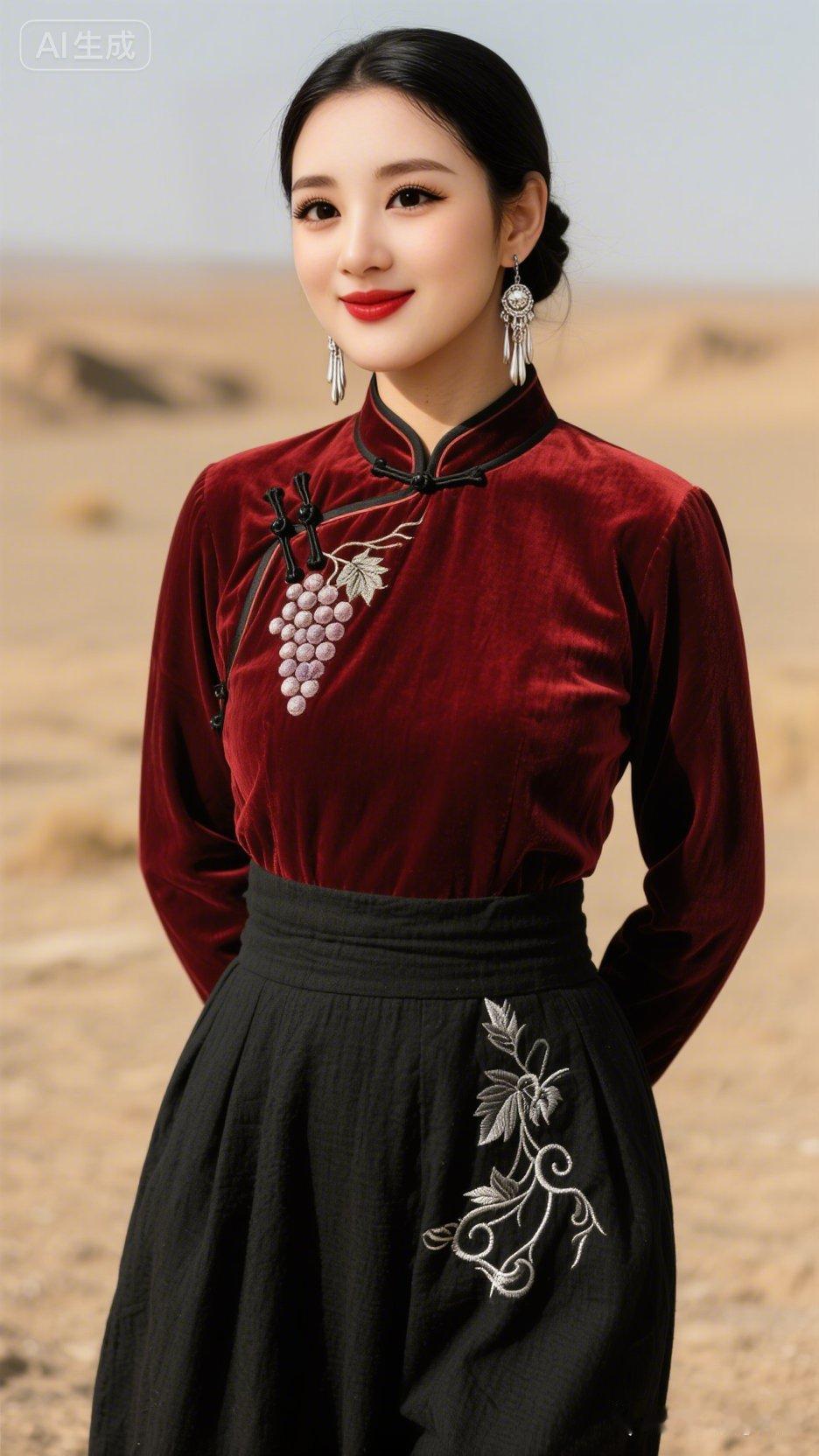 复古风穿搭，红黑配色的优雅与神秘，沙漠背景下的惊艳之美。