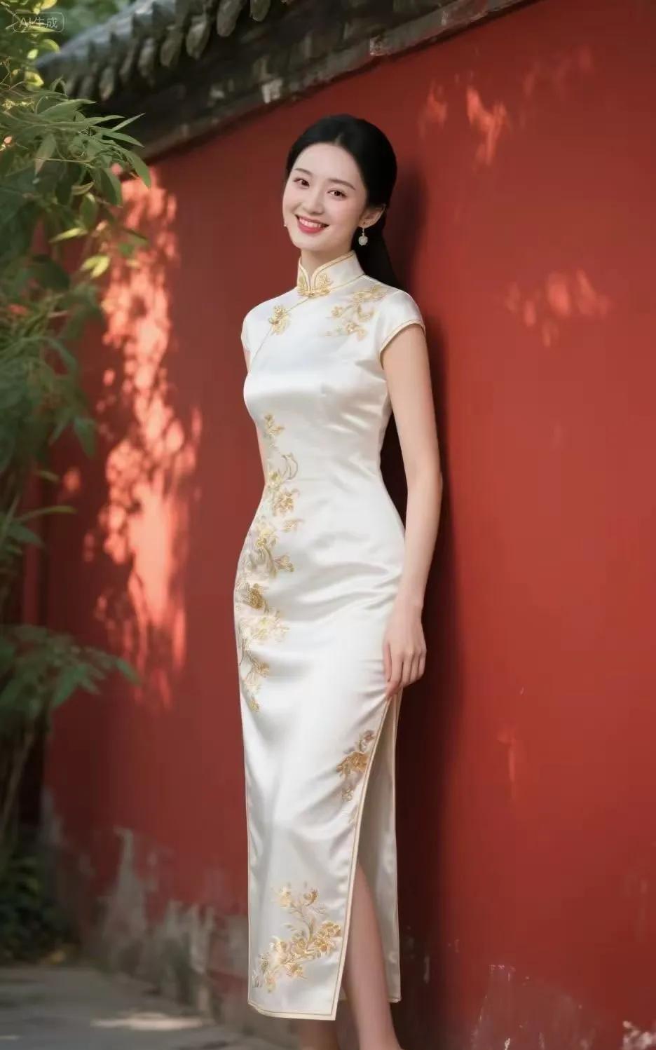 旗袍丽人窈窕风姿映锦裳，旗袍衬美韵悠长。红墙斜照新枝伴，花柳融身梦亦香。