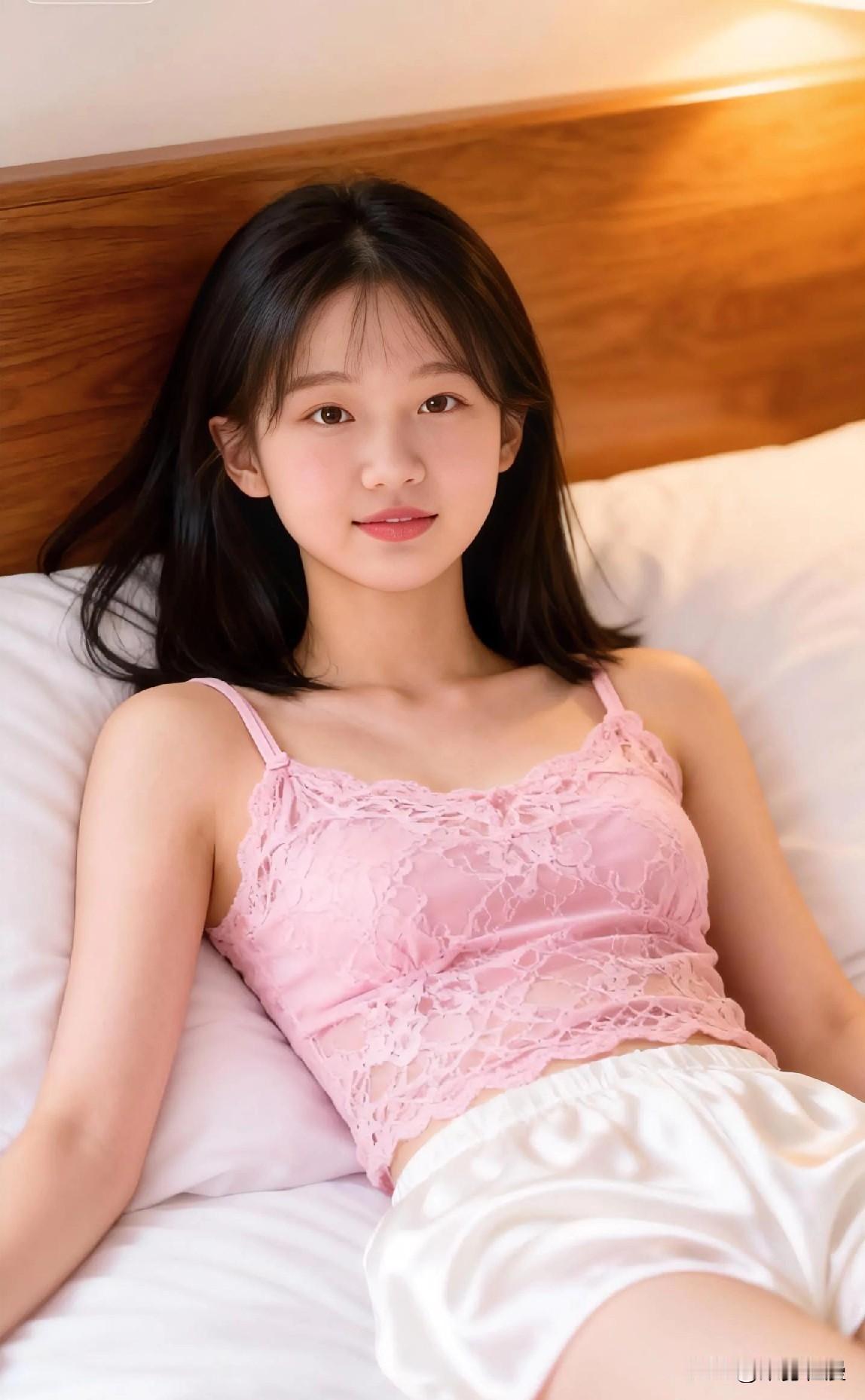 少女心满满，粉色蕾丝睡衣，躺在床上，温柔可人。你见过最漂亮的女孩长什么样