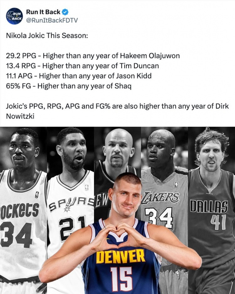 约基奇本赛季：-场均29.2分，超过奥拉朱旺任何赛季的得分（单季最高27.8分