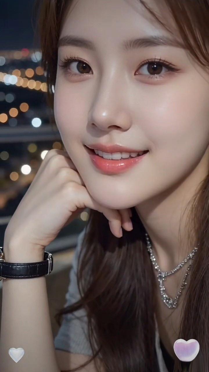 夜晚的都市，甜美女孩的微笑