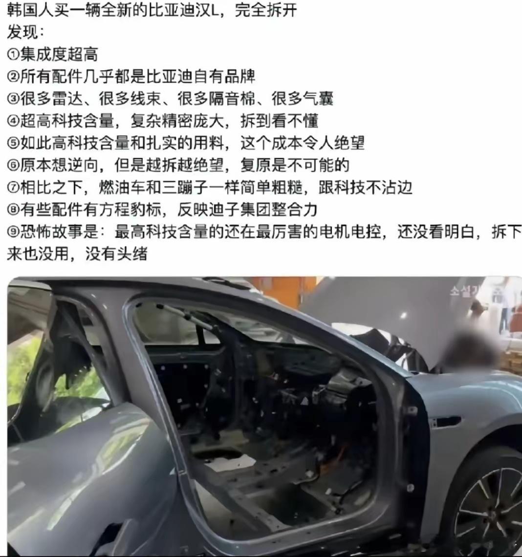 日本人之前买了比亚迪自己拆着研究，结果发现越拆心态越崩溃。现在韩国人来了，韩国人