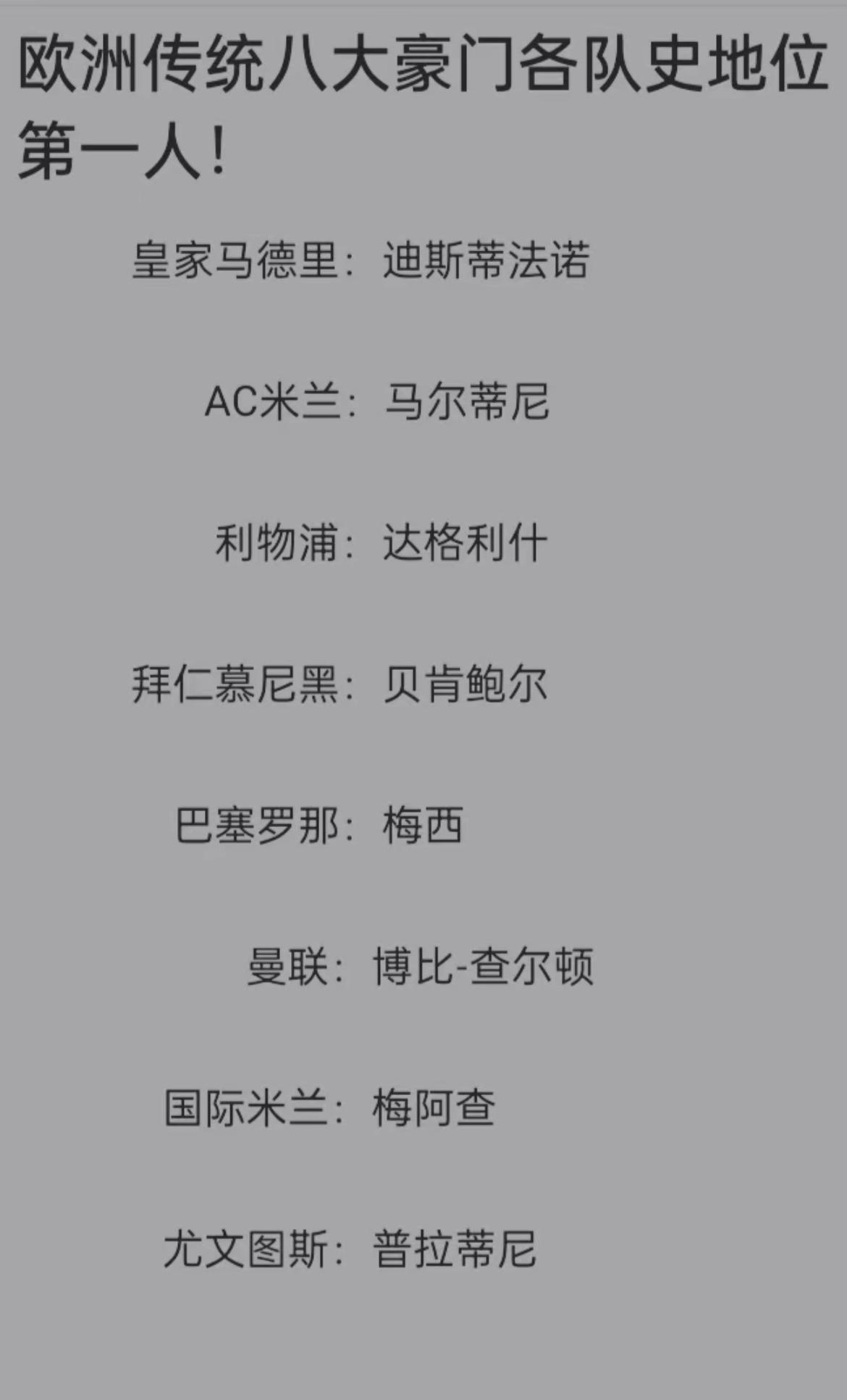欧洲传统八大豪门各队史第一人！皇家马德里：迪斯蒂法诺AC米兰：马尔蒂尼利物
