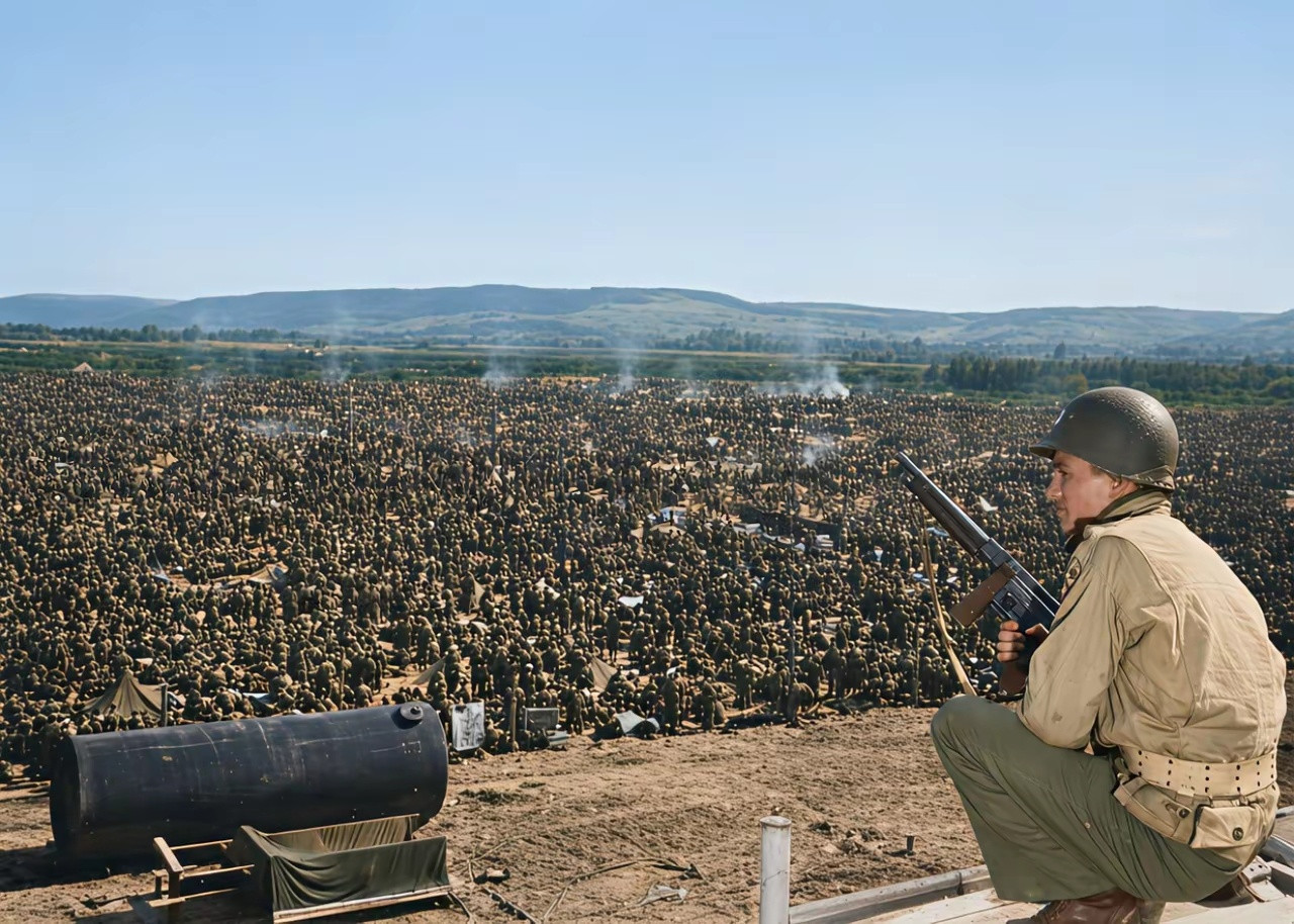 一个美国兵正在看守上万德国战俘。1945年德国雷马根郊区有一座临时战俘营，里面关