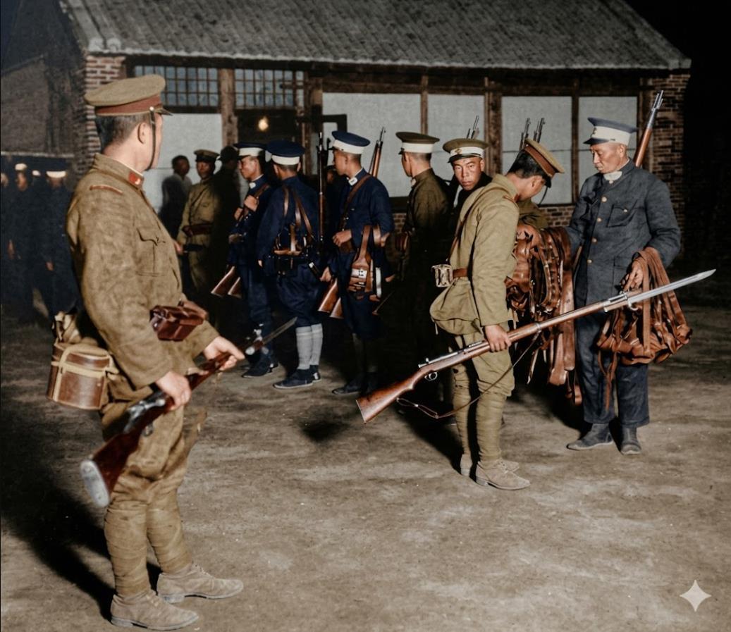 1931年9月18日夜，沈阳，被日军强制解除全部武装的中国警察，多名中国警务人员