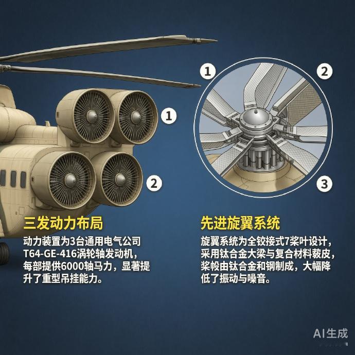 军事ai新视野CH-53E“超级种马”运输直升机［美］机长：30.2米主旋翼直