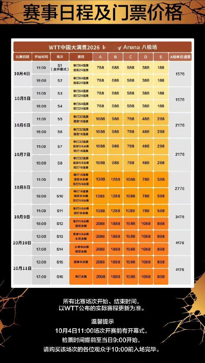 八极场！wtt北京大满贯赛比赛的时间，赛程以及票价已经全部公布！提前1个月，