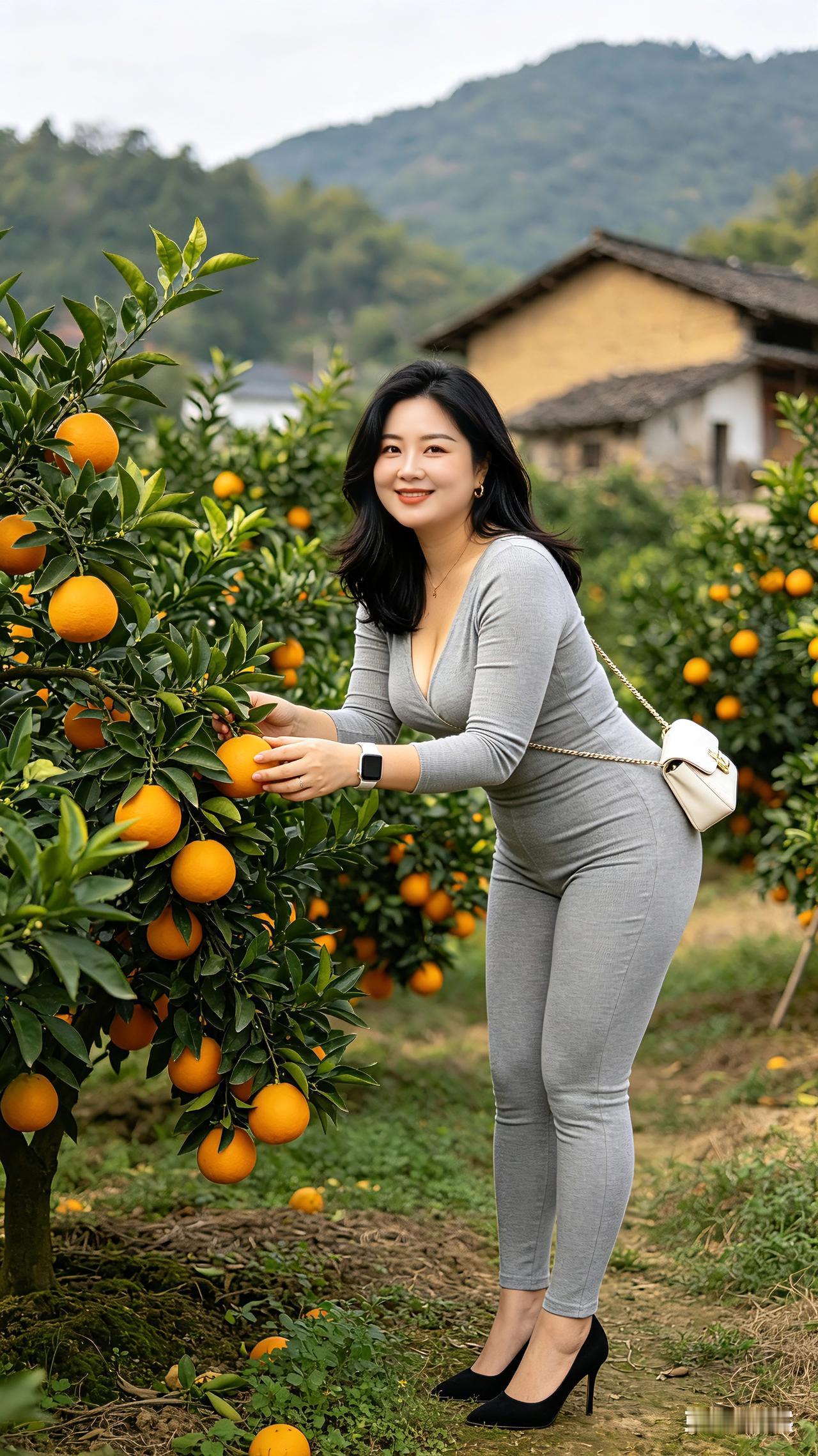 果园采摘乐融融漫山橙果缀枝头，金灿鲜果惹人留。佳人抬手摘鲜实，笑意盈盈乐