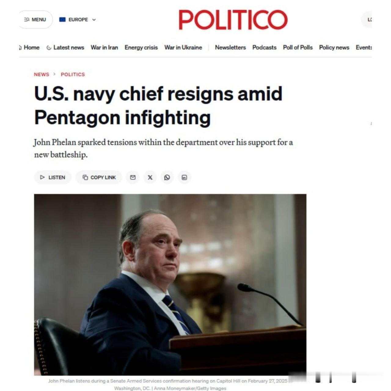 🇺🇸伊朗战争背景下的五角大楼内讧据《政治报》（Politico）报道，