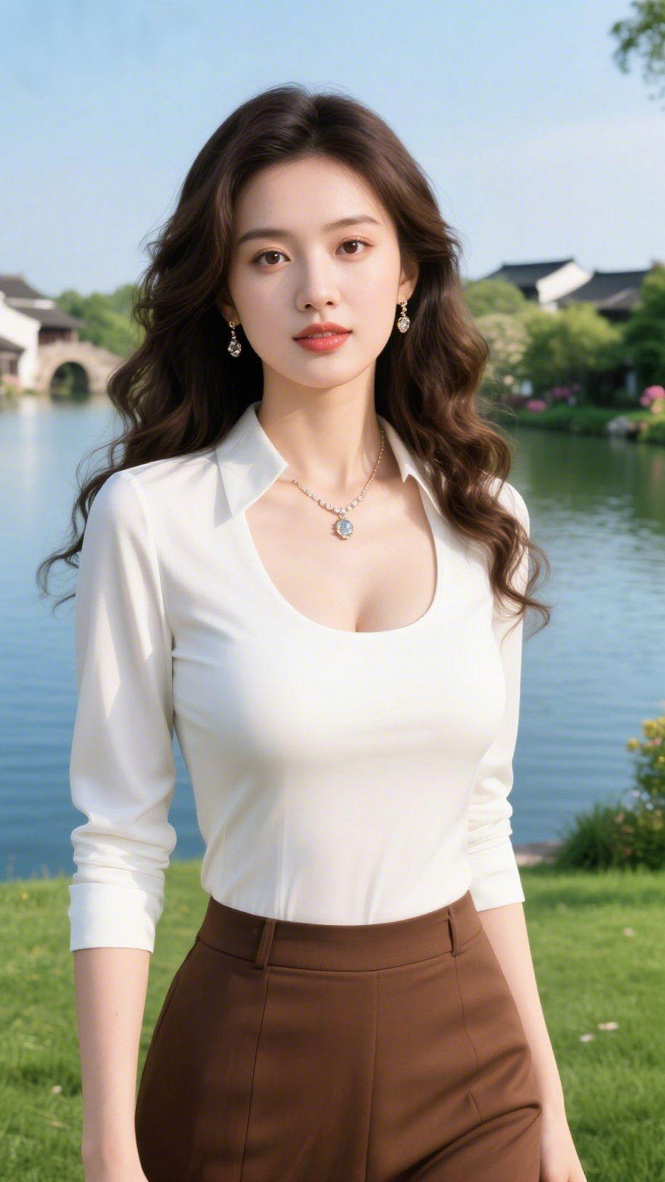 江南春望晴光铺野碧天宽　　岸柳垂丝拂碧澜一湖澄碧映云端　　庭花吐艳满芳园