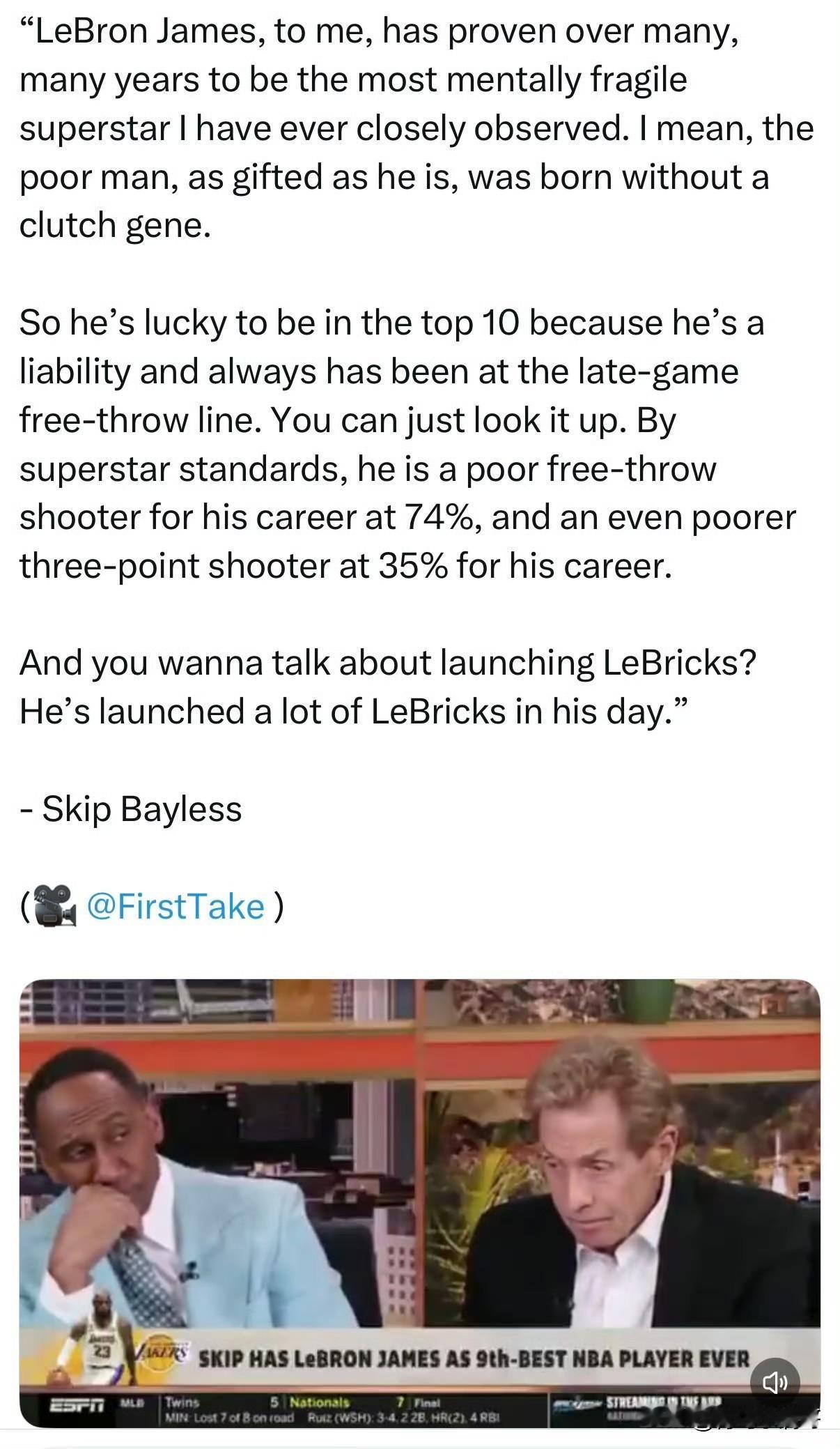 没有关键球基因！！！詹姆斯是心理最脆弱的超级巨星！最近ESPN这几个人也是闲