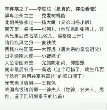 历史上名字很野鸡但是实力却很有名的人辛弃疾儿子辛铁柱，不过日本遣唐使—小野妹子