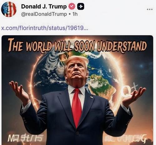 特朗普又出手了，他在自己的真相社交账号上发了一张图，配文只有一句话：“世界很快就