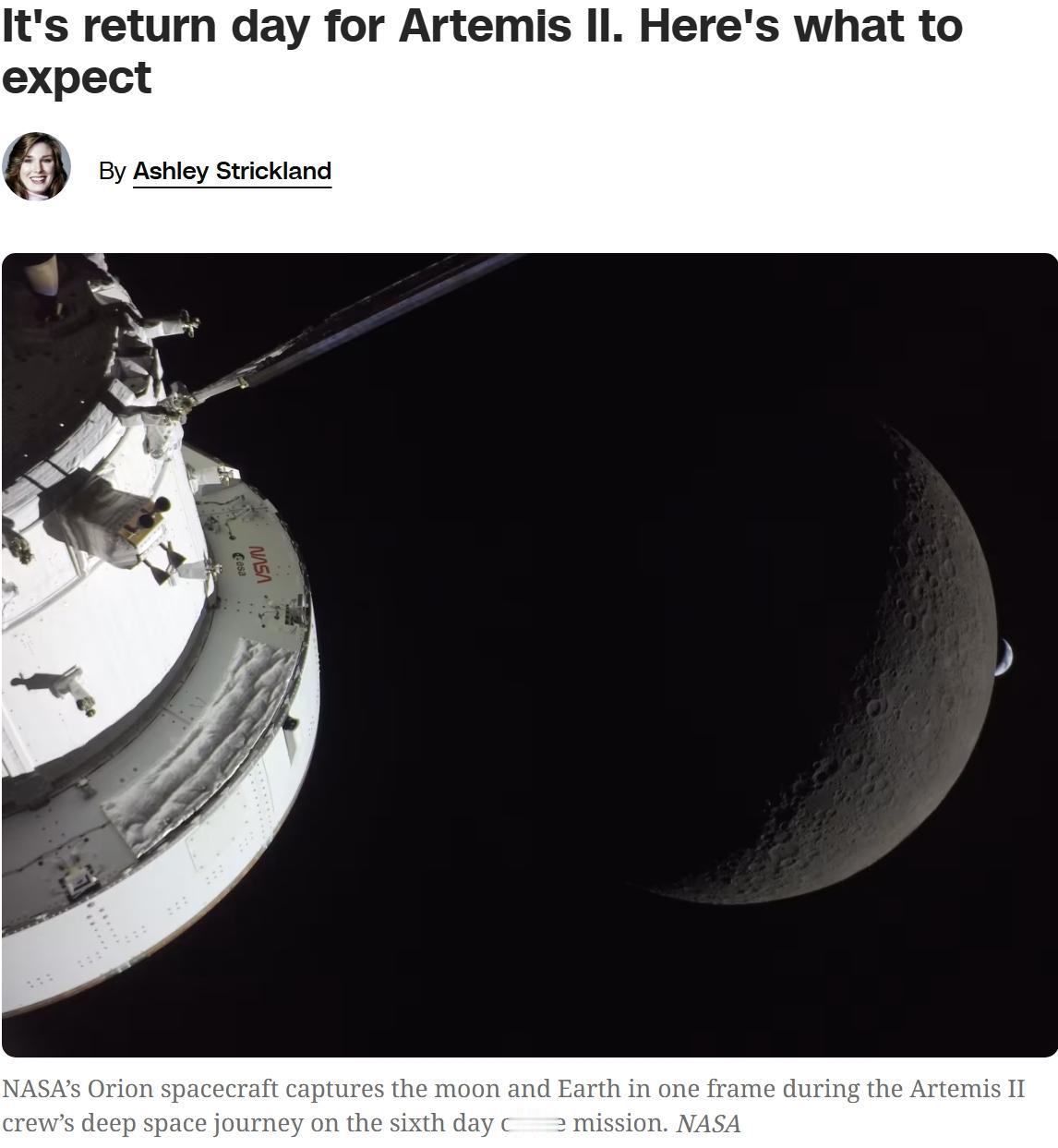 再过几个小时，NASA绕月飞船将重返地球阿尔忒弥斯二号任务即将结束，几个小时后