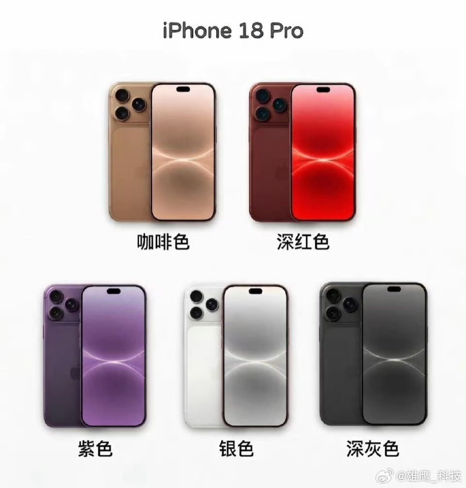 iPhone18Pro配色前瞻iPhone18Pro颜色：咖啡、深红、紫