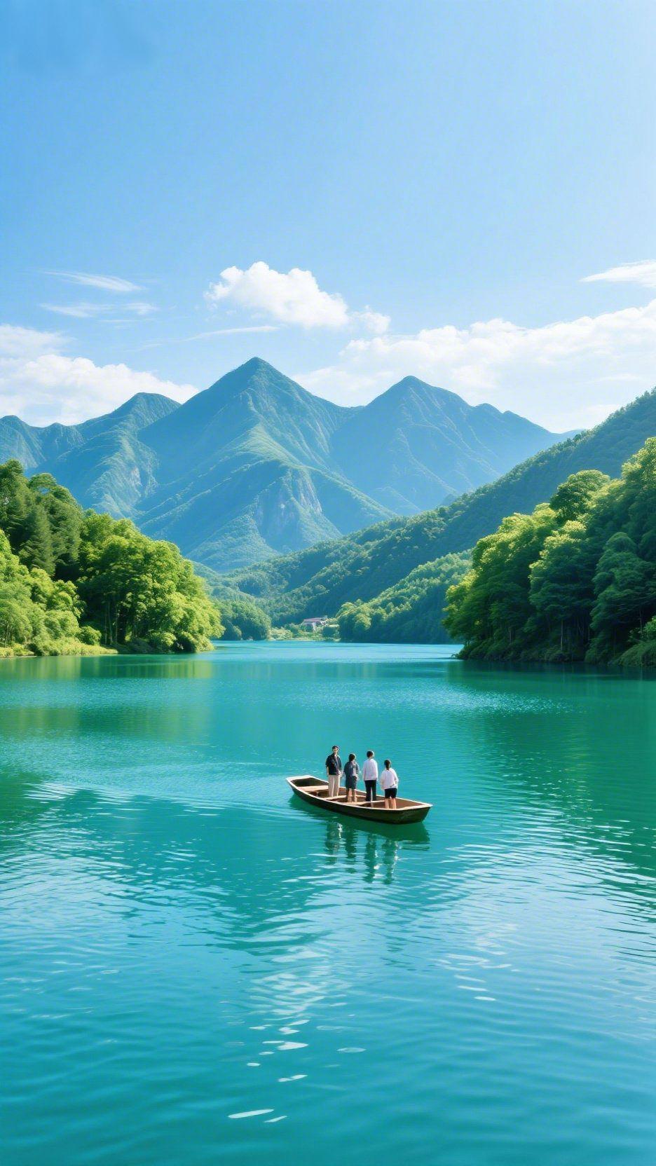 标题：山水入舟来湖水清得像揉碎的蓝玉，漫过山麓的绿意层层叠叠，风掠过水面，