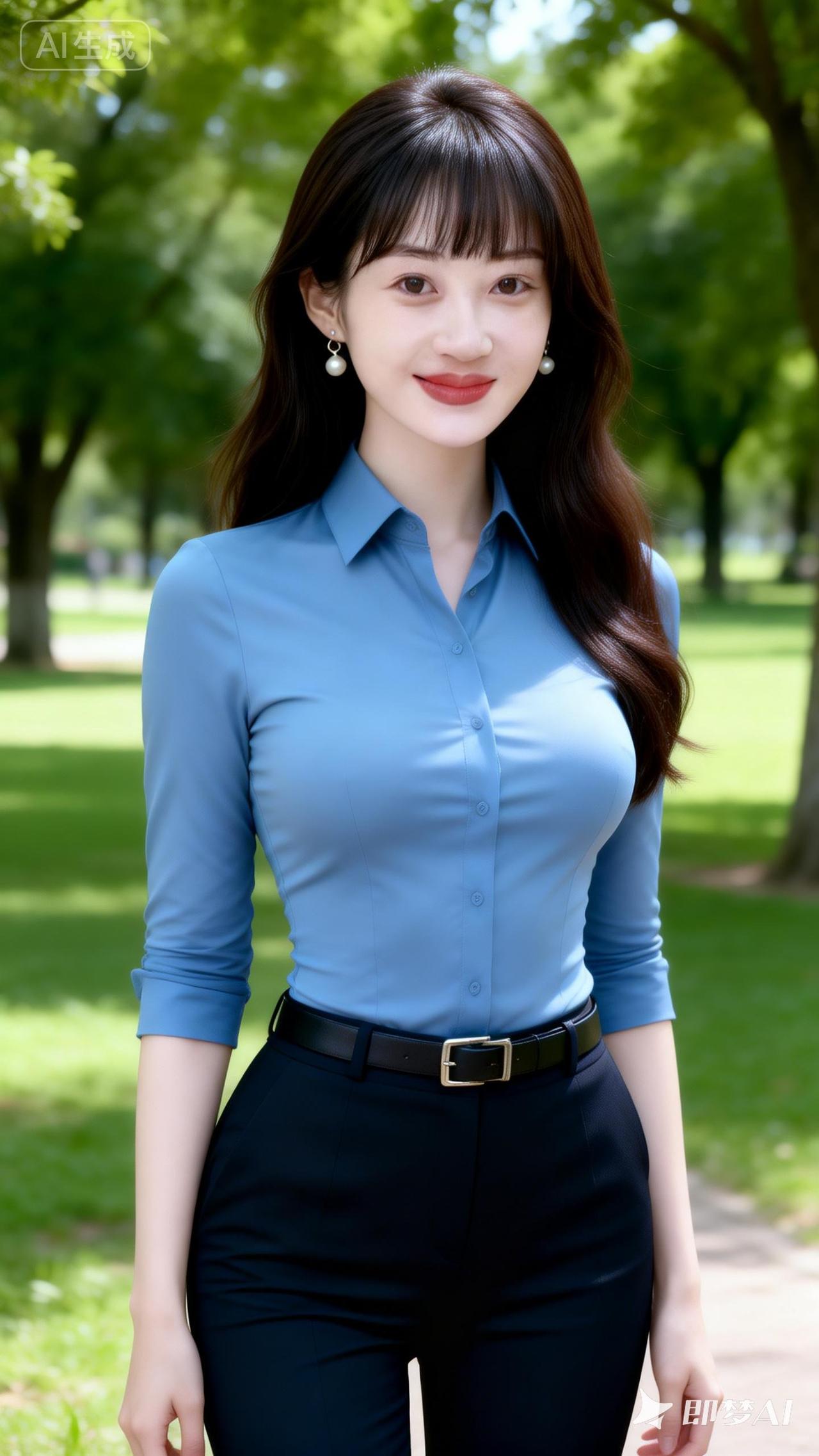 清新职场风，蓝衬衫搭配黑裤，优雅大方！