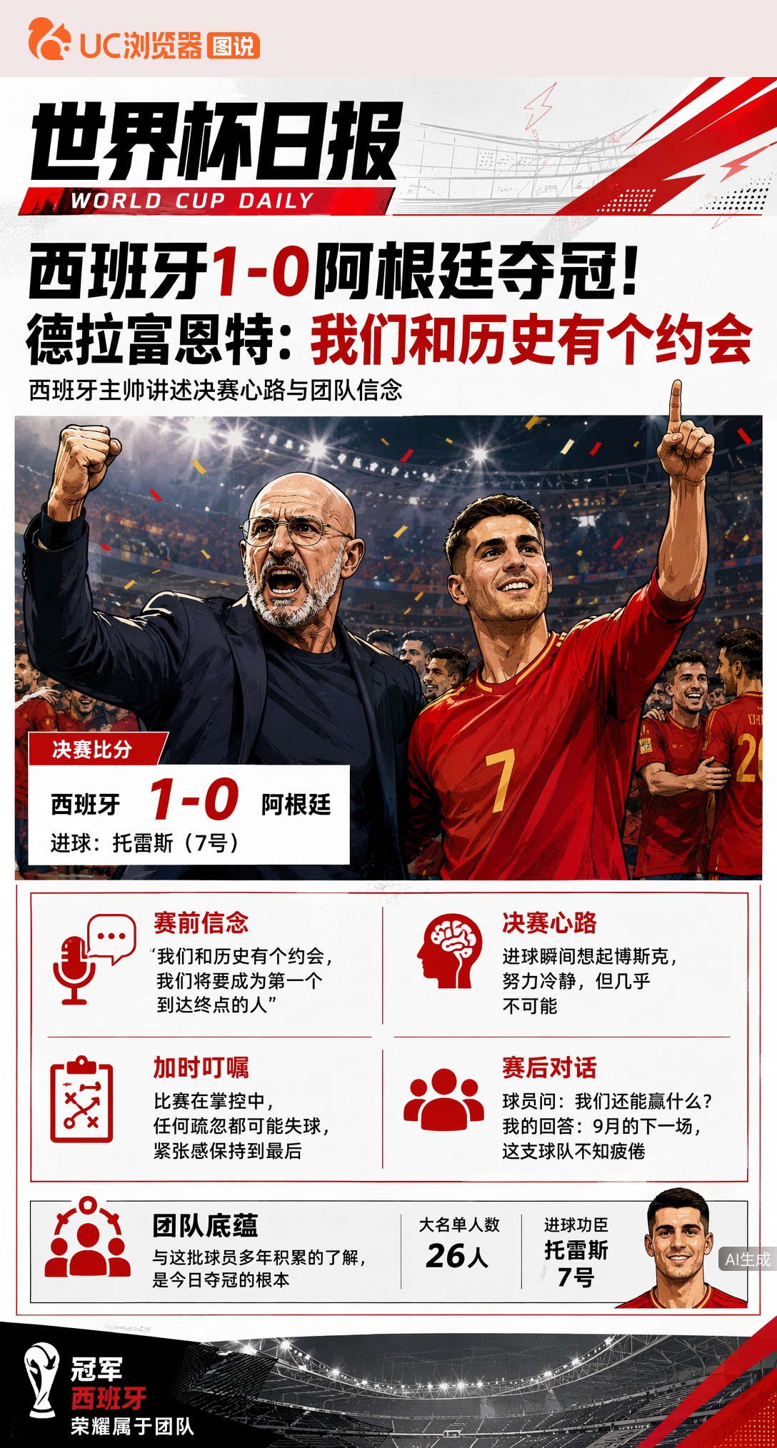 西班牙1-0阿根廷夺冠！德拉富恩特：我们和历史有个约会