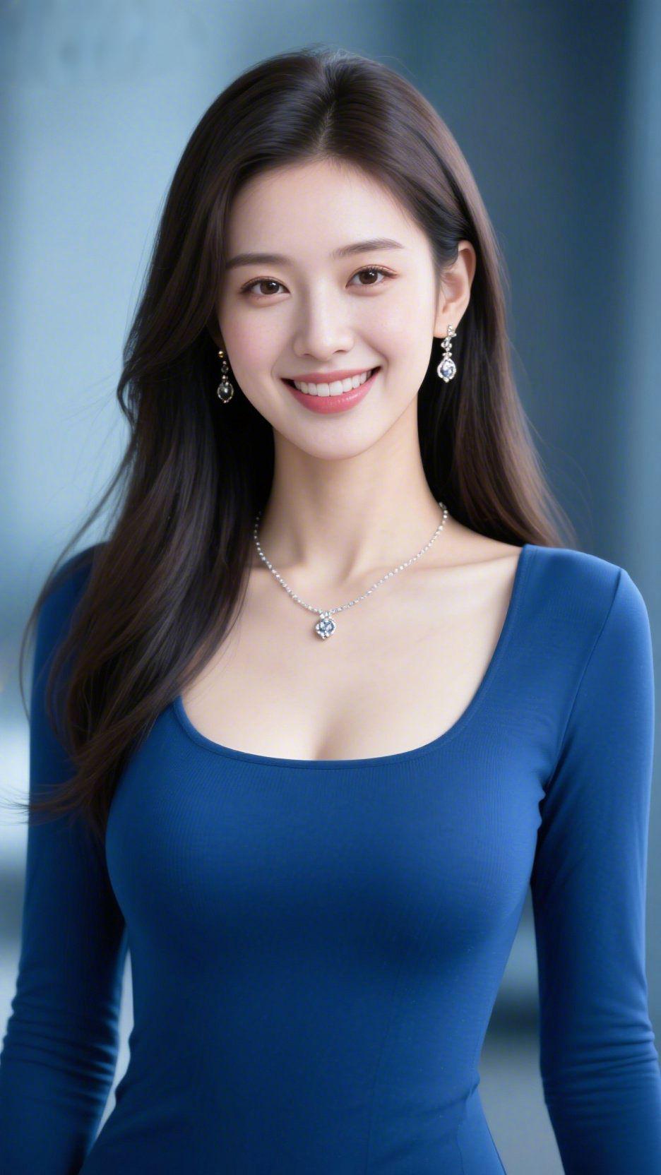 《蓝裙暖意》她抬眼时，笑意轻落在眼底——是那种裹着温软的笑，眉梢都带着松弛